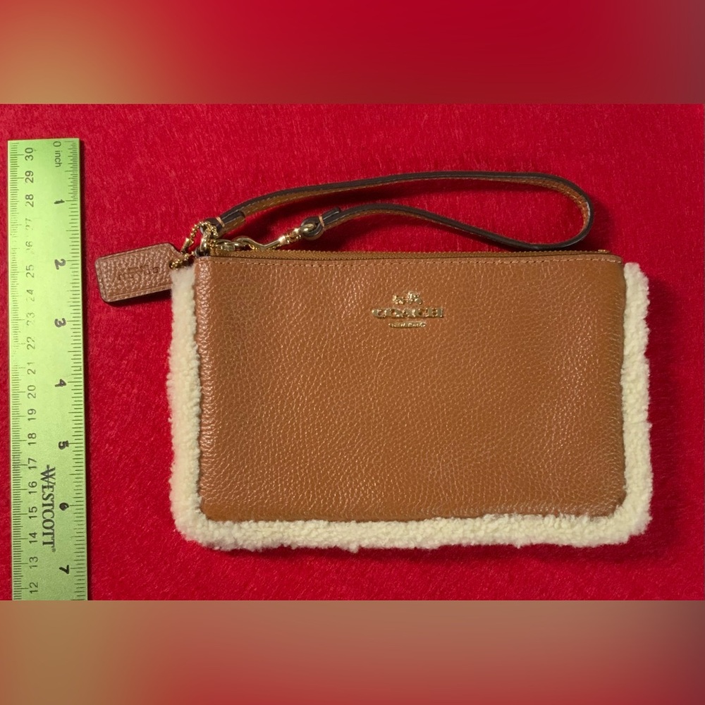 Coach Tan Wristlet with Pebbled Leather and Shearling Trim